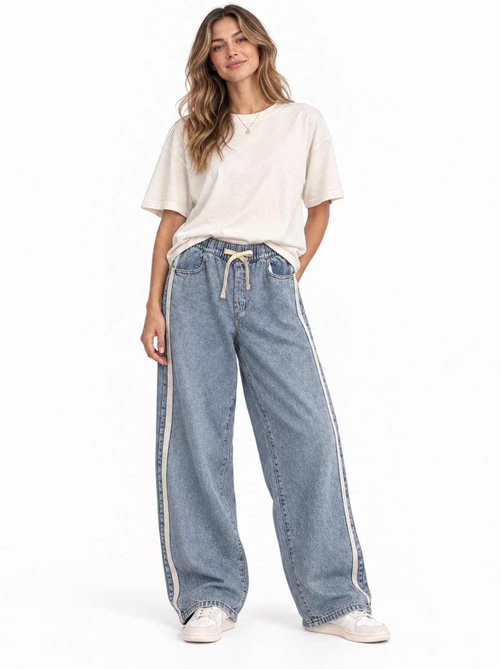 GAP High Rise Pull-On Wide Leg Jeans Medium Wash Side Track Stripe Size M